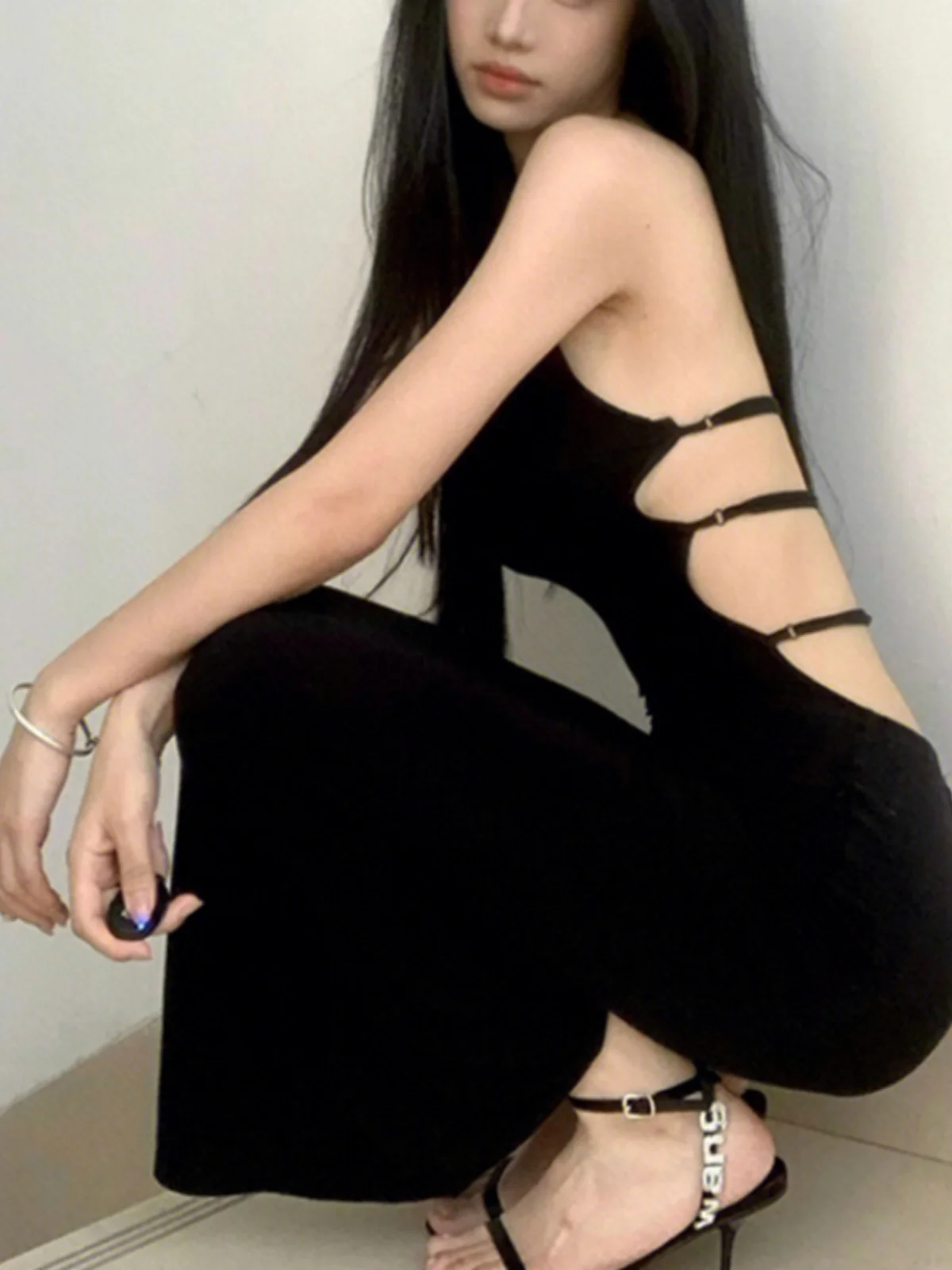 

Sexy Backless Strap Dress Women's High Waist Cotton Blend Mid-Spring Autumn Long Slimming Wrap around Neckline Party Dress