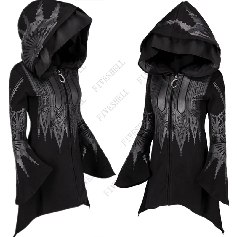 New Women Spring Autumn Gothic Hoodie Black Steampunk Printed Long Flare Sleeve Coat 2023 Y2k Sweatshirts For Female Streetweary