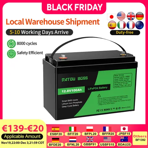 Batteria DATOUBOSS LiFePO4 12V con BMS 8000Cycles, 100A 200A 300A, per inverter, camper, sistema solare, barca, famiglia, solare