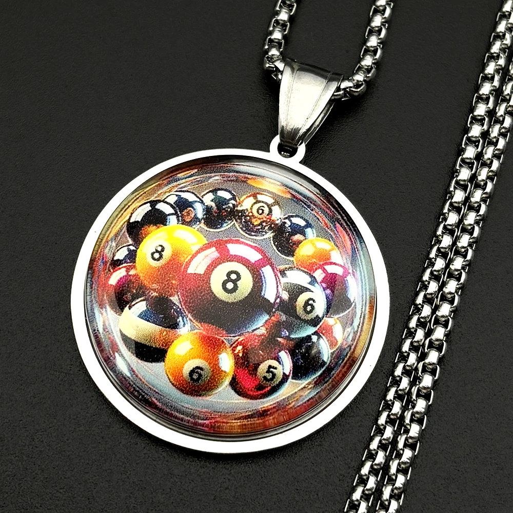 Hiphop Black 8 Billiards Kette für Damen und Herren, Edelstahl, Glas, Sportthema, Retro, Street Party, Halskette, Schmuck, Geschenke – Detail 5