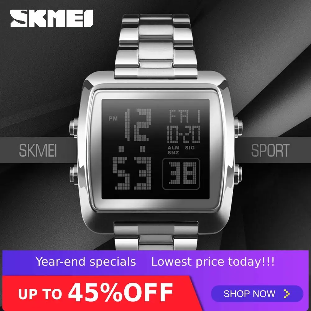 SKMEI Men's Digital Wristwatch 30M Waterproof Sport Wrist Watch Square Dial Stainless Steel Band Man Watch 1369