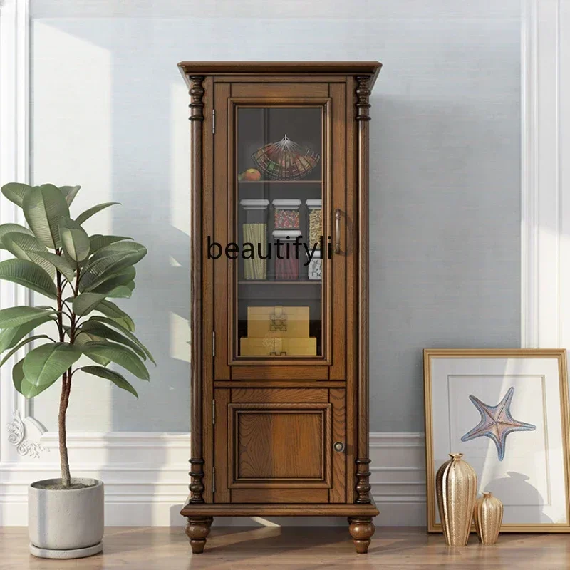 

American Country Solid Wood High Cabinet Ash Single Door Glass Living Room Storage Sideboard Cabinet