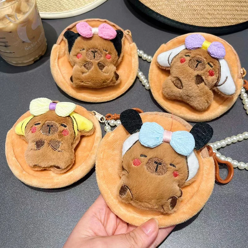 แบบพกพาขนาดเล็กจี้ dompet koin ทรงกลมผ้ากำมะหยี่ลายการ์ตูน capybara กระเป๋าเก็บหูฟัง