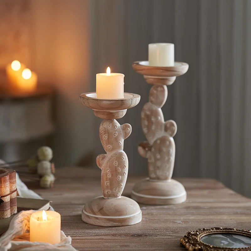 KES Farmhouse Handicraft Wooden Candle Stand Holder for Home Decor Valentine's Day Living Room Table Centerpiece