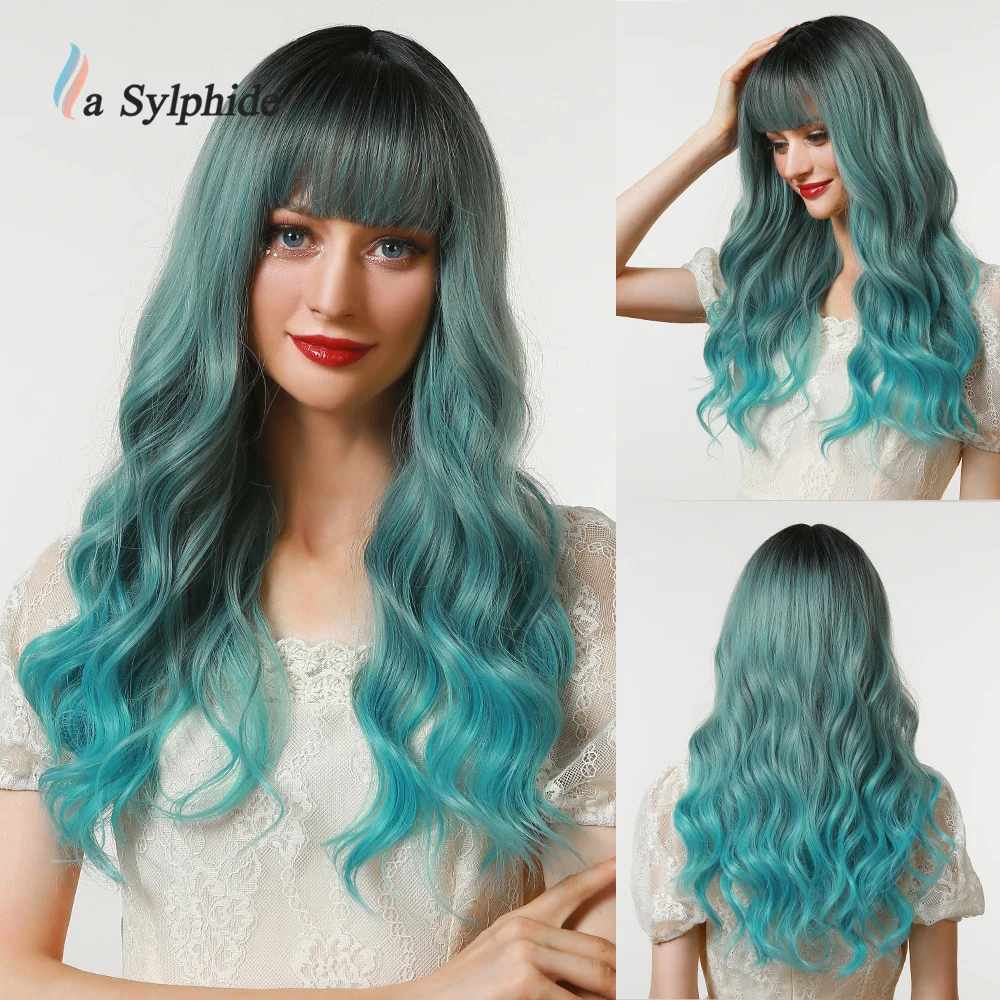 

La Sylphide Blue Green Cosplay Wig for Woman Long Wave Synthetic Wigs with Bangs Lolita Party Natural Hair