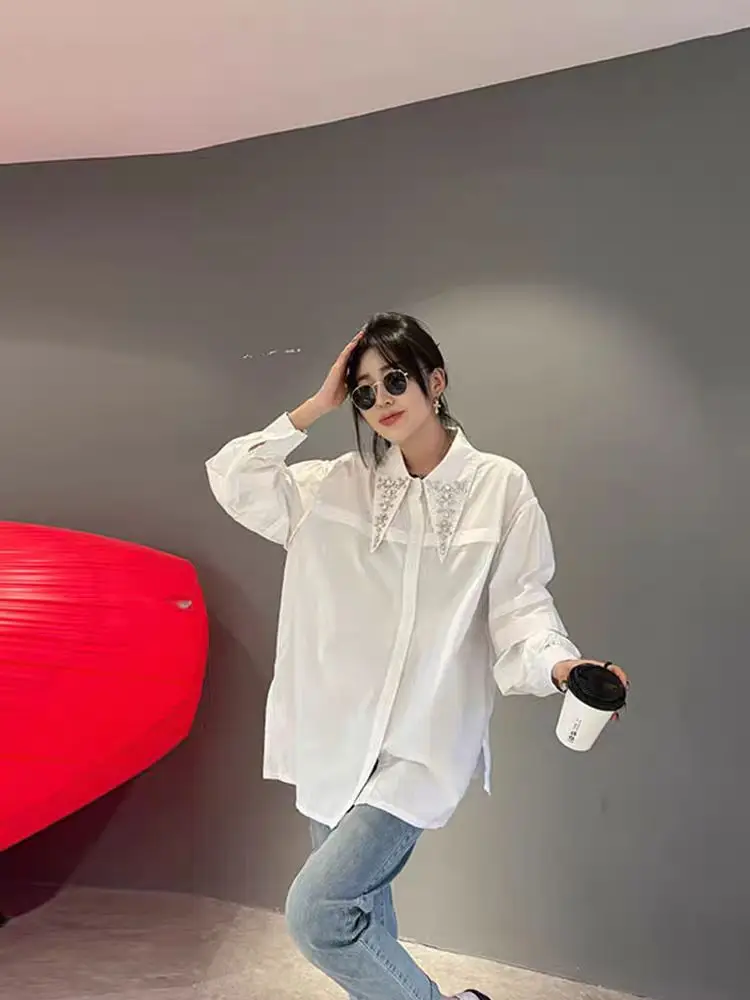 New In 2024 Autumn Heavy Rhinestone Lapel Puff Sleeve Shirt Women\'s Mid-Length Loose Pure Color Cotton Top Female Clothes