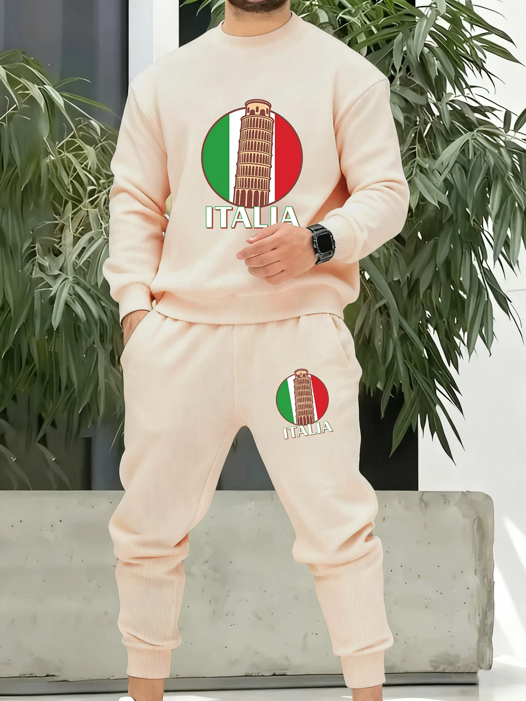 

Leaning Tower Of Pisa Italy Print Men Sportsuit Autumn Hip Hop Sportset Soft Fleece Simple Pants Male Loose Fashion Sportswears