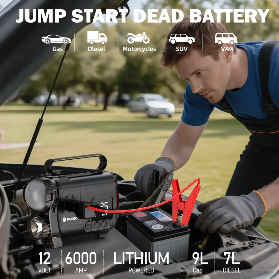 Portable 12V Jump Starter with Air Compressor 6000A Battery Pack for 9L Gas and 7L Diesel Engines Featuring LED Light 150 PSI A
