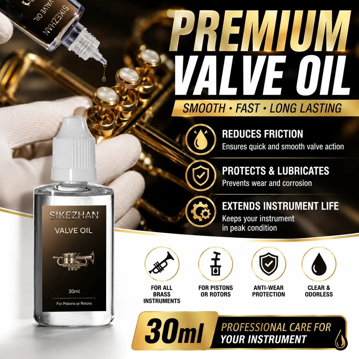 Aceite para Válvulas Profesional SIKEZHAN de 30 ml - Lubricante Sintético Premium para el Mantenimiento de Pistones y Rotores de Trompeta, Trombón y Tuba