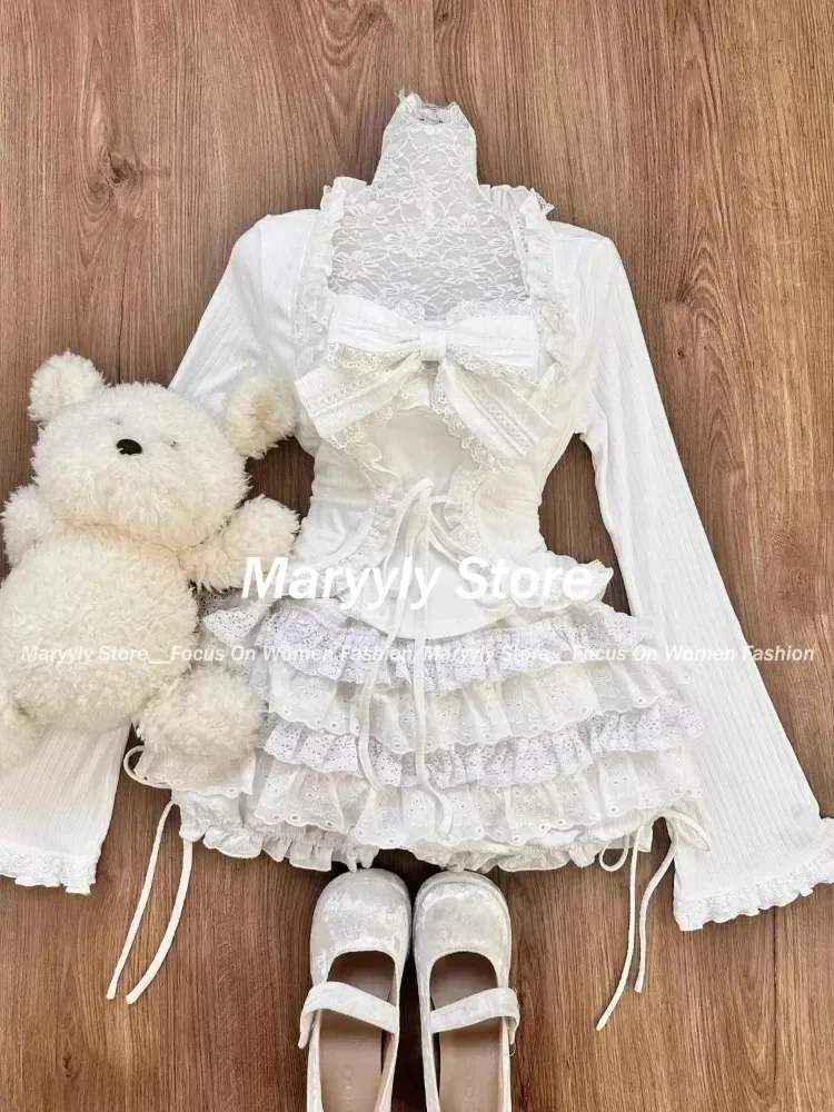 Autumn Winter New Elegant Sweet 3 Piece Sets Women Casual Y2k Cardigan Tops+ Cute Lace Bow Strap Vest+ Elastic Mini Cake Skirts