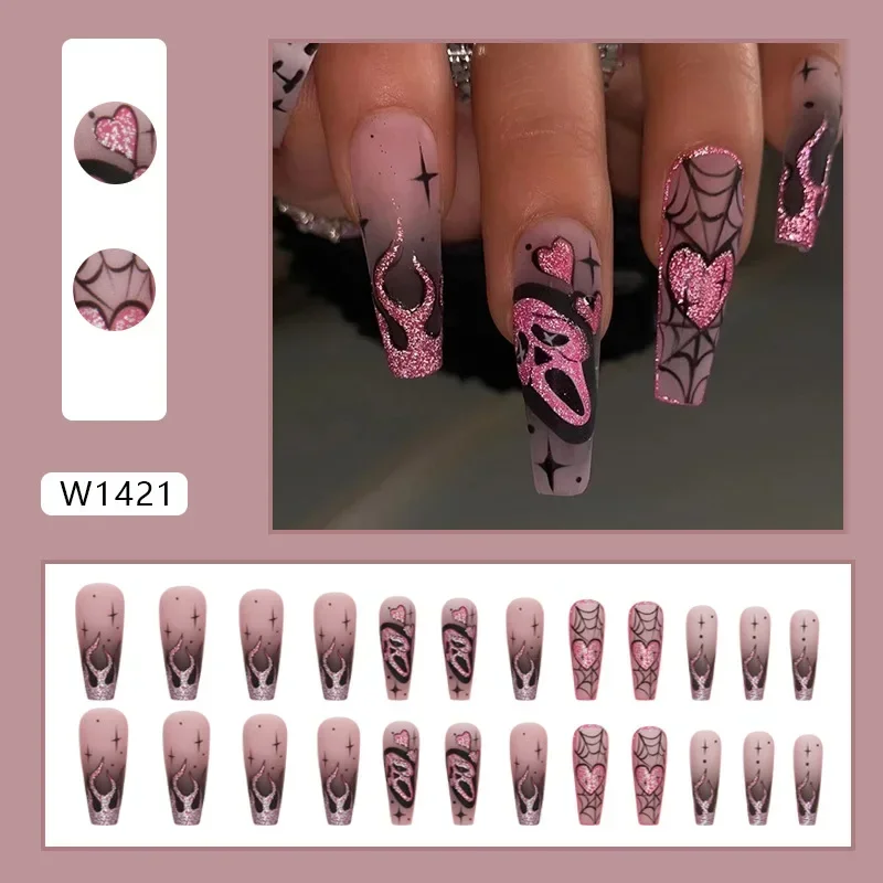 Glitter Pink Sequin Fake Nail Patch, Crânio Assustador, Padrão Coração Amor, Unhas Artificiais, Cobertura Completa, Wearable, Presentes de Halloween, 24pcs