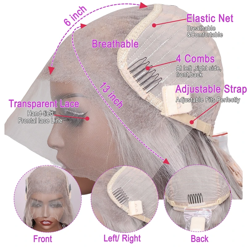 فضي رمادي مستقيم 13x4 الدانتيل الباروكات الأمامية شعر الإنسان 200% الكثافة 13x6 الدانتيل الباروكات الأمامية البرازيلي قبل قطعها خط شعر الطفل