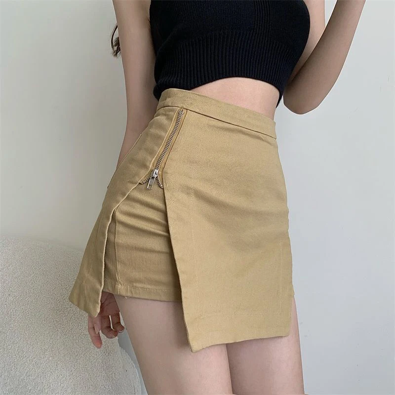 Korean Chic Zipper Skirt Women Hip Fashion Sexy Yellow Side Split Skirt High Waist Summer Hot A-Line Harajuku Y2K Lady Dress