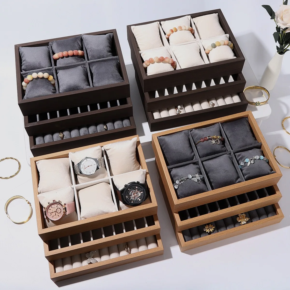 Jewelry Display & Storage Trays (Velvet Lining) – Pillow/Bar/Grid Slots，for Watches/Jewelry, Sturdy Natural Wood, Anti-Scratch