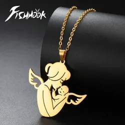 Fishhook Baby Mom Angel Mother Day Gift Necklace for Women Men Dad Family Father Child Kid Jewelry Chain Stainless Steel Pendant