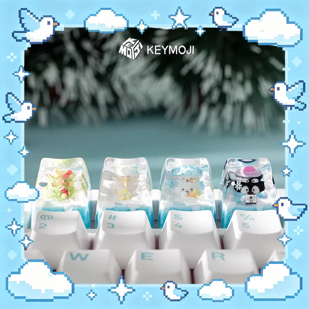 

KEYMOJI Snow World Cute Cartoon Penguin PC Keycaps Transparent Glue Drops Are Handmade Keyboard Keycaps For PC Accessories Gifts