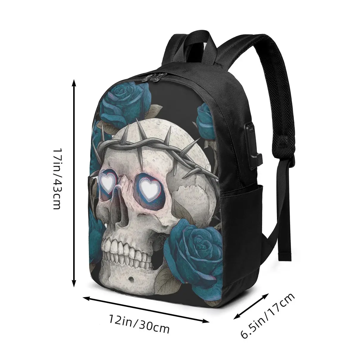 Gothic Skull And Bule Roses Backpack Travel Notebook Bag Computer College Student School Bag Laptop Shoulder Bags for Men Women