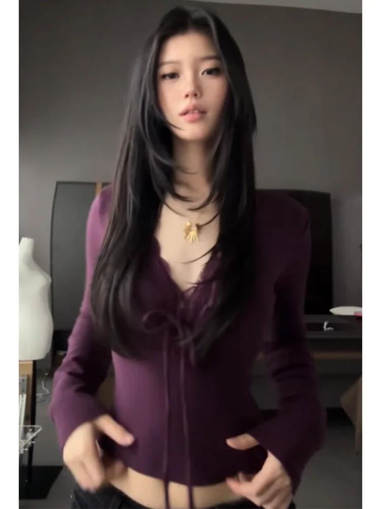 Purple V Neck Lace Up Long Sleeve T-shirt Women 2026 Autumn Sexy Patchwork Lace Slim Waist Crop Top Y2k Aesthetic Tees