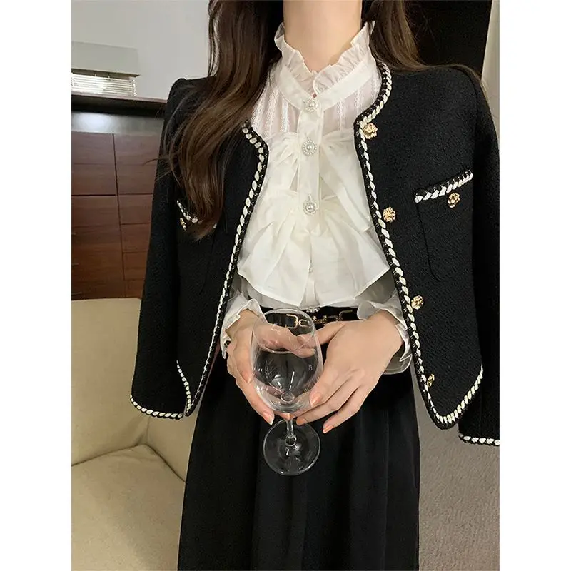 

Fall Winter Tweed Short Jacket Women Korean Fashion Cropped Coats Office Ladies Chic Long Sleeve Black Streetwear Tops New