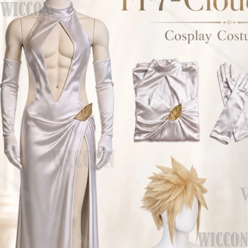 FF7 Cosplay Cloud High Slit Wedding Dress Gown Evening Dress Gloves Classic Lolita With Wig Halloween Festival Fancy Comic Con