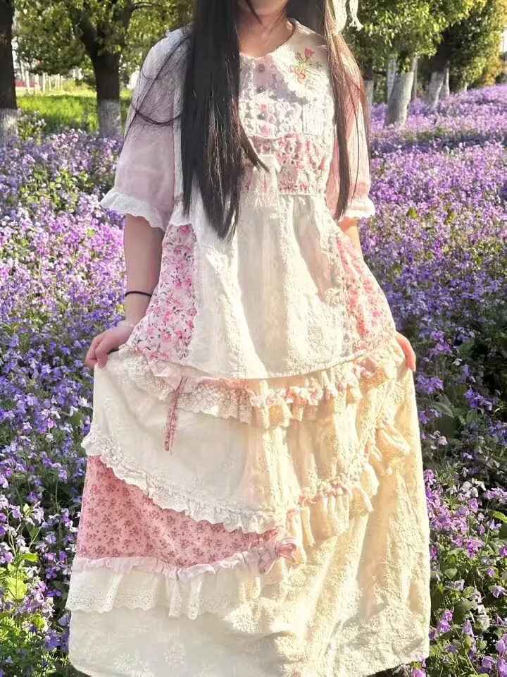 

2024, весенне-летние кружевные платья с цветочным принтом, женские милые кружевные пышные юбки с высокой талией и эластичной резинкой на талии