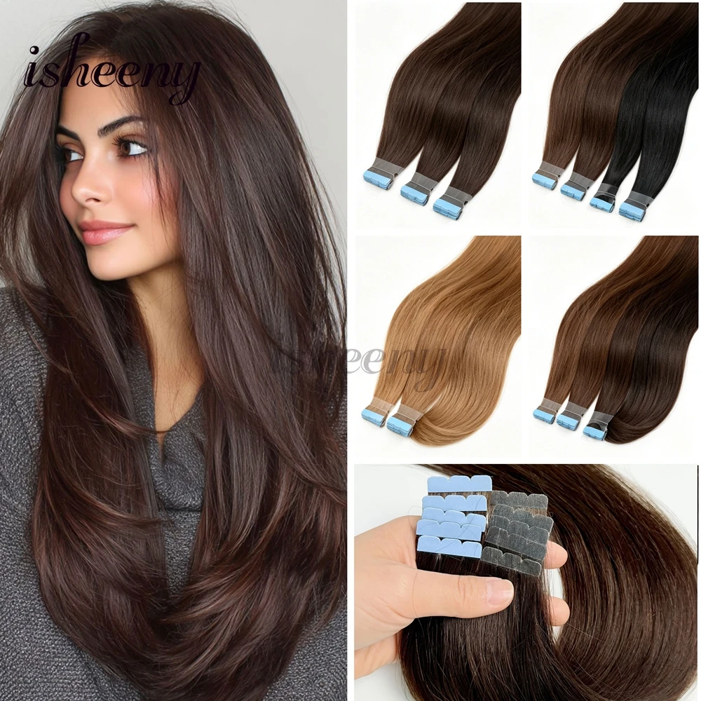 Mini Tape In Hair Extensions Machine Remy Human Hair 12''-24'' Adhesive Tape In Human Hair Natural Straight 10pcs/pack Isheeny