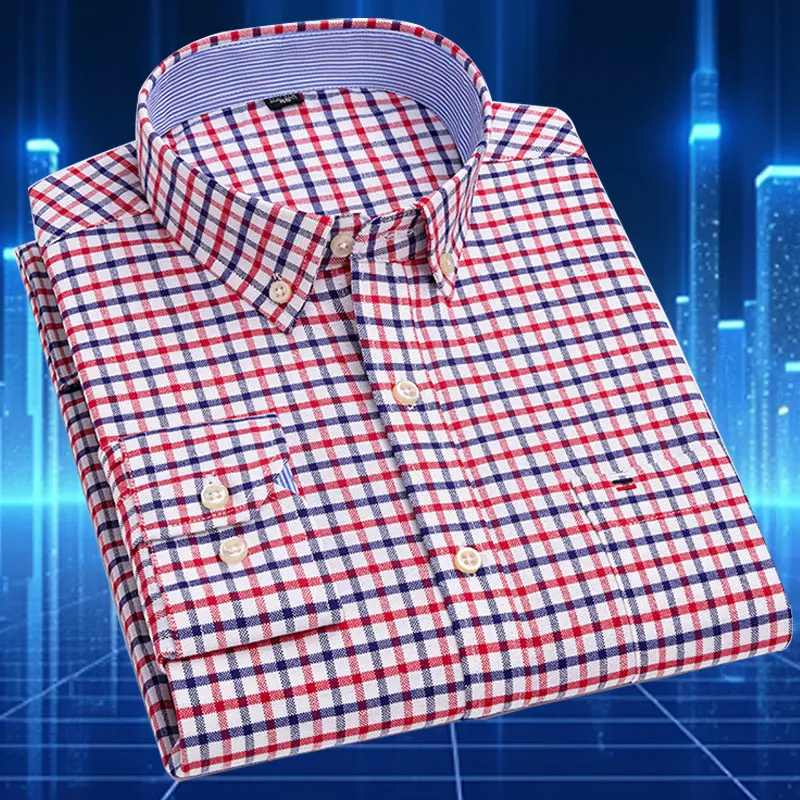 Men's shirt 6XL 7XL High Quality 100% Cotton Oxford Spinning Spring and Autumn  Checkered  Long Sleeve Non iron Business Casual