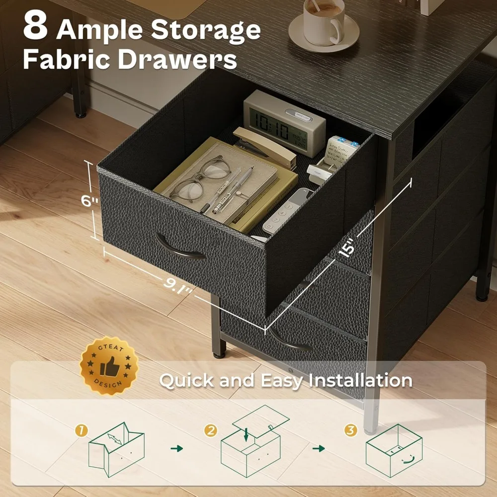 47 Inch Large Fabric Drawer Computer Desk for Home Office, Study, and Gaming with 8 Storage Drawers
