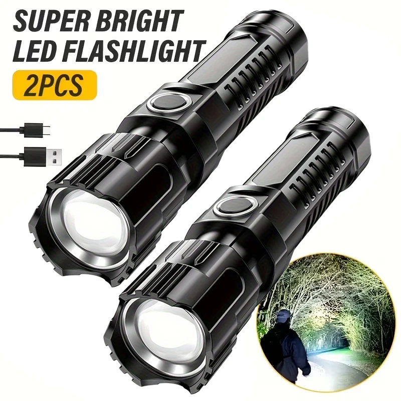 Leistungsstarke LED-Taschenlampe USB-C Wiederaufladbar Zoombar Suchscheinwerfer 3 Modi Handtaschenlampe für Outdoor Camping Jagd Fackel