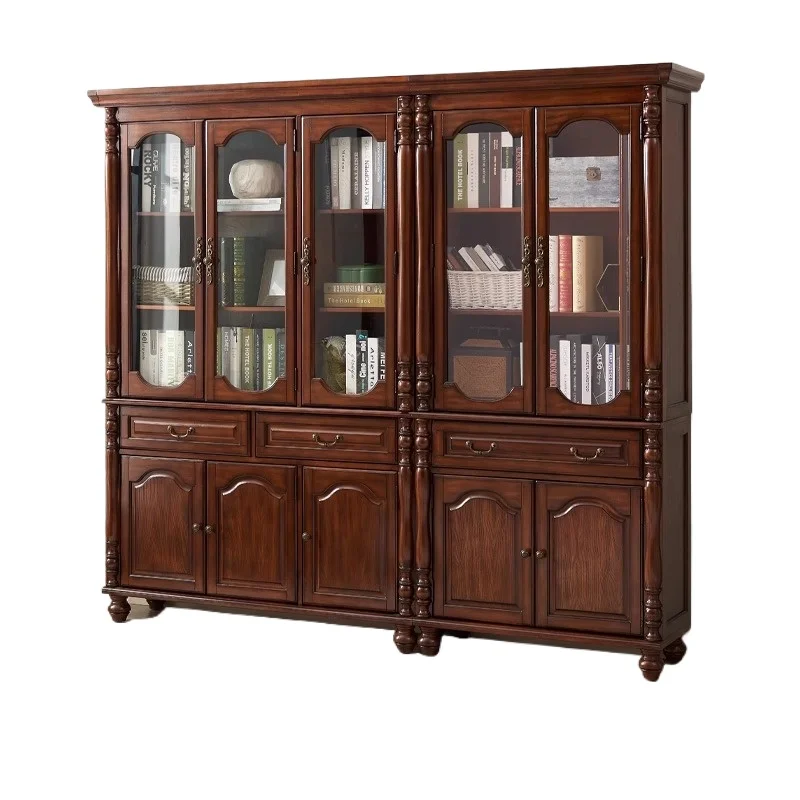 *1 خزانة كتب أمريكية مصنوعة بالكامل من الخشب الصلب مع باب زجاجي، دراسة أوروبية بسيطة لتخزين رف الكتب القديم