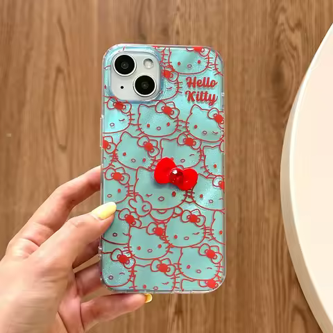 For Samsung Galaxy S23 Ultra S22 S24 Plus S21 S20 FE A51 A30S A21S Blue Hello Kitty Bowknot Cartoon Laser Lustre Hard Phone Case