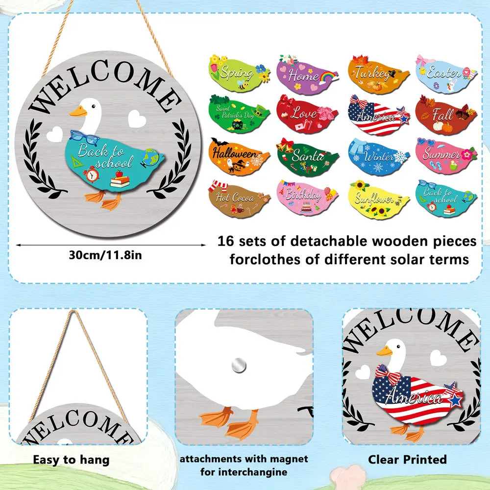 Holiday Door Decor Goose Welcome Sign Holiday Porch Decor 11.8*11.8inch Holiday Decoration 16-piece Interchangeable
