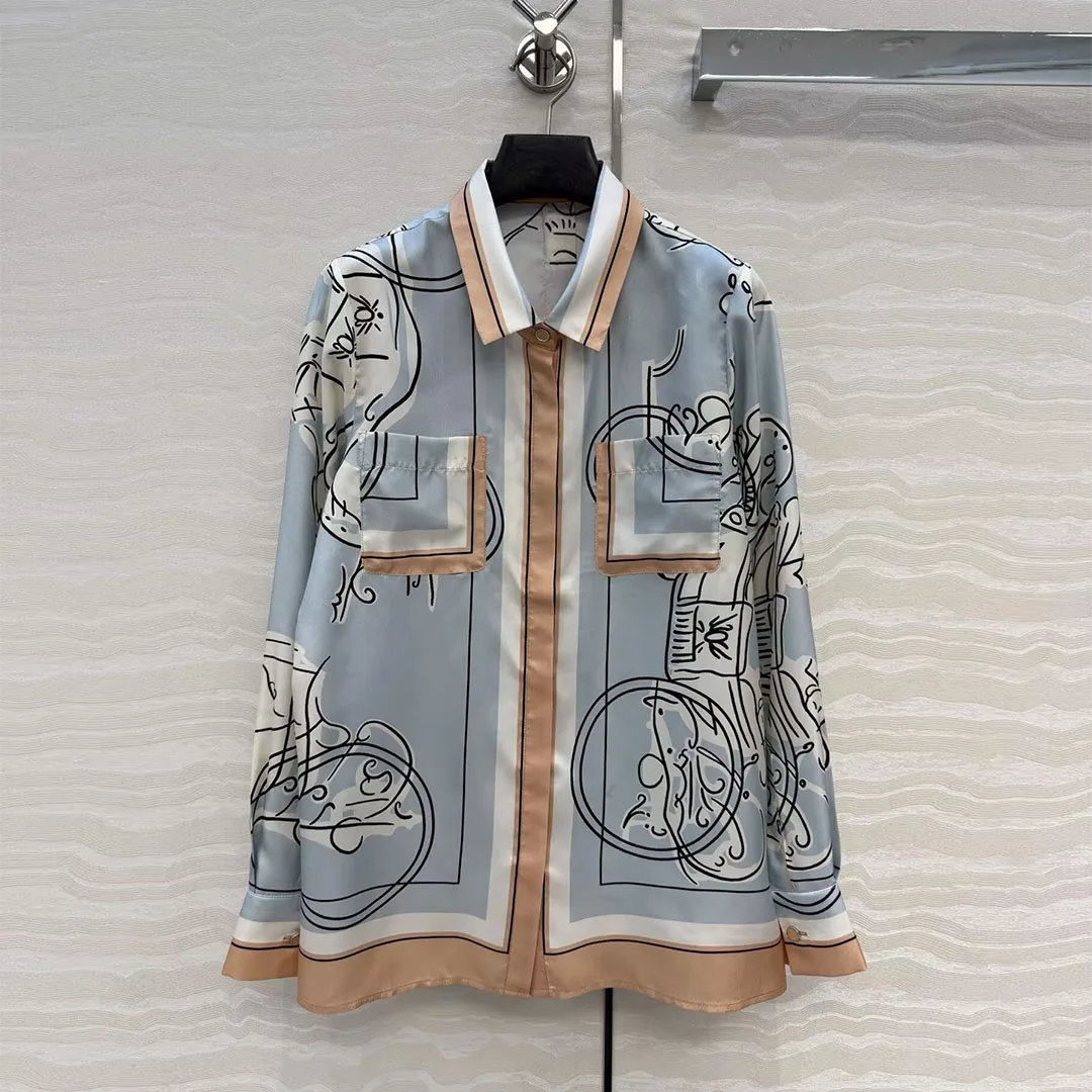 

2026 Новая весенняя модная свободная рубашка из 100% саржевого шелка, женская винтажная элегантная блузка с цветными блоками и граффити с лацканами и длинными рукавами