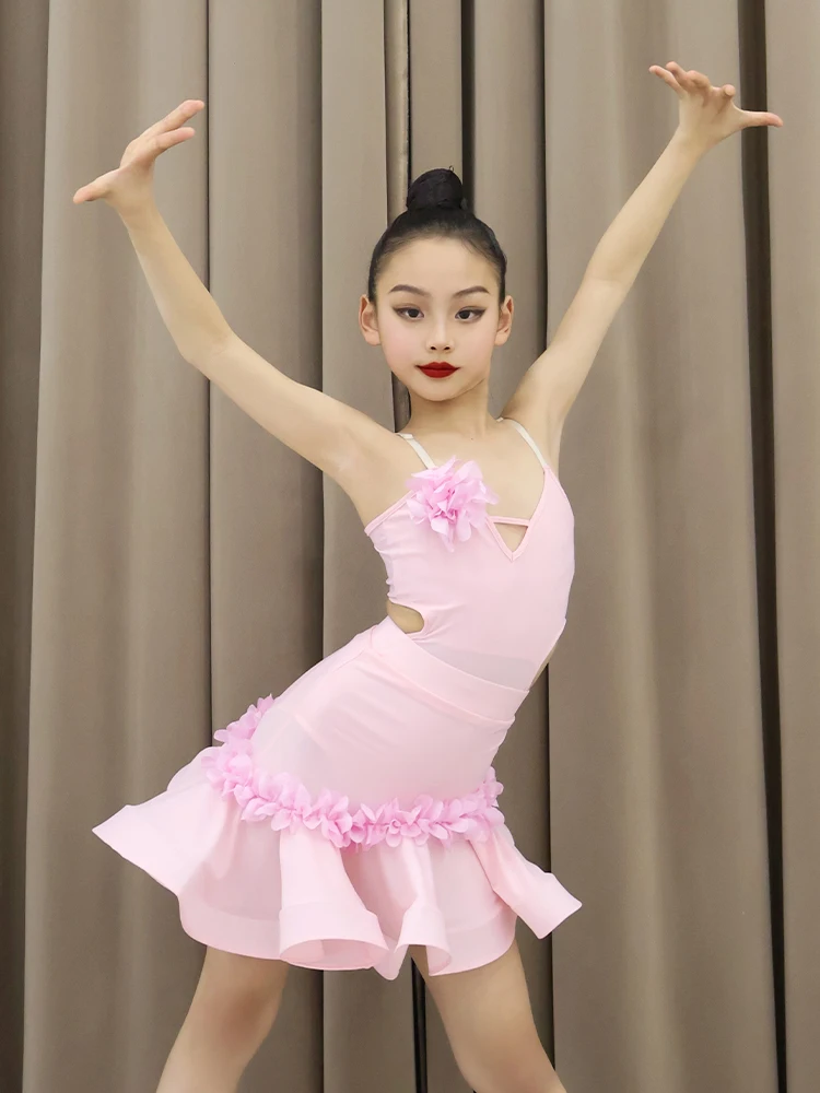 Champagne Color Cha Cha Rumba Latin Dance Costume Girls Dance Dress Tango Dance Dresses Performance Suit Kids Practice Clothes