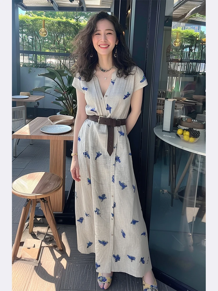 Elegant Unique Cold Style Floral Print Long Dress for Women Formal Occasions Short Sleeve V-Neck Maxi Dress Summer Fashion