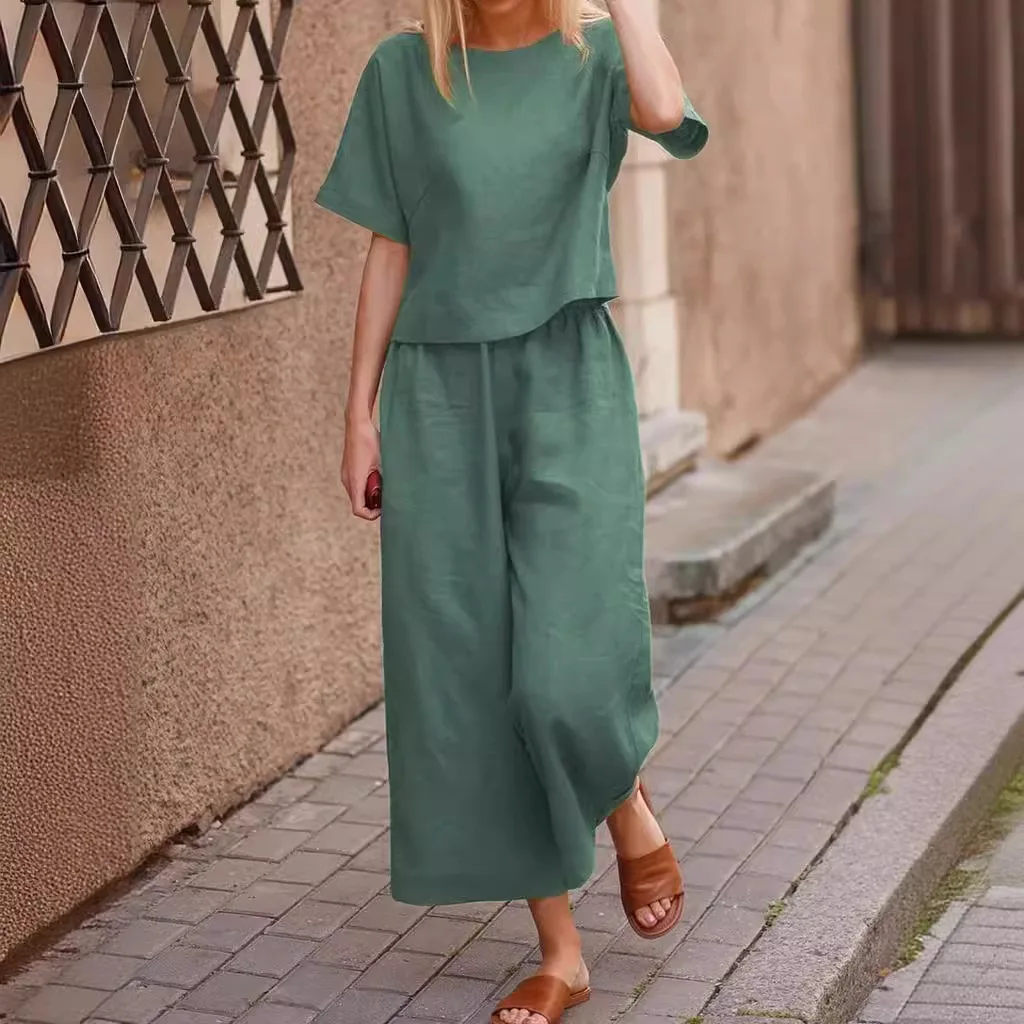 Women\'s Short Sleeve Shirt Top Wide Leg Pants Two Piece Set 2024 Fashion Summer Product Casual Hoodie Loose Solid Color Ladies