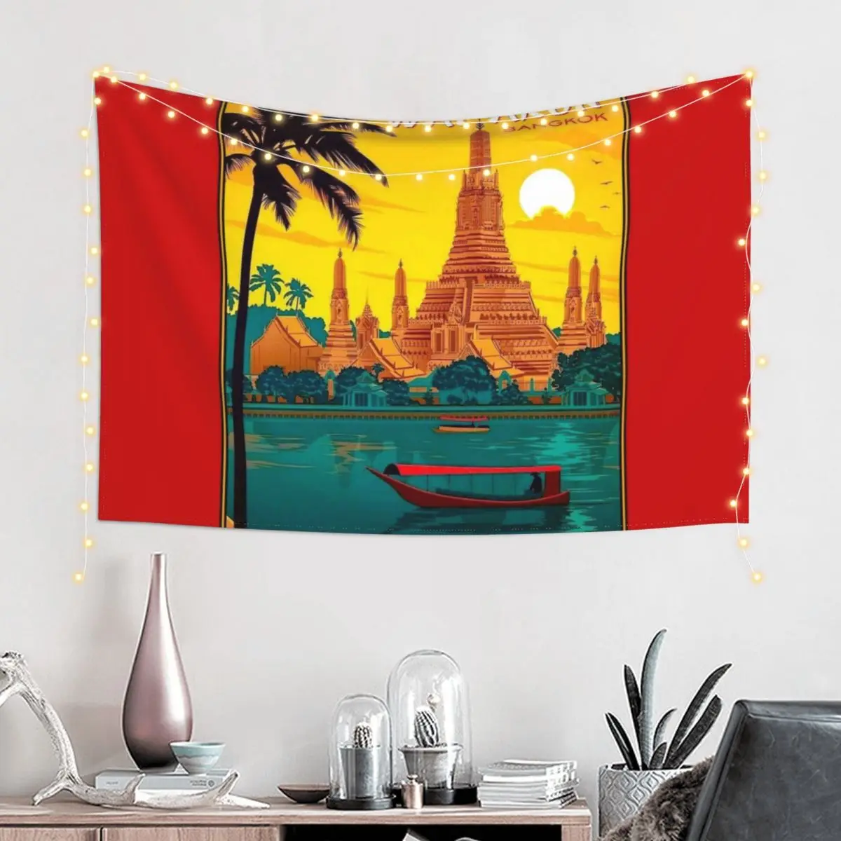 THAILAND : Vintage Wat Arun Temple of Dawn Print Tapestry Bathroom Decor Room Decore Aesthetic For Bedroom Room Design Tapestry