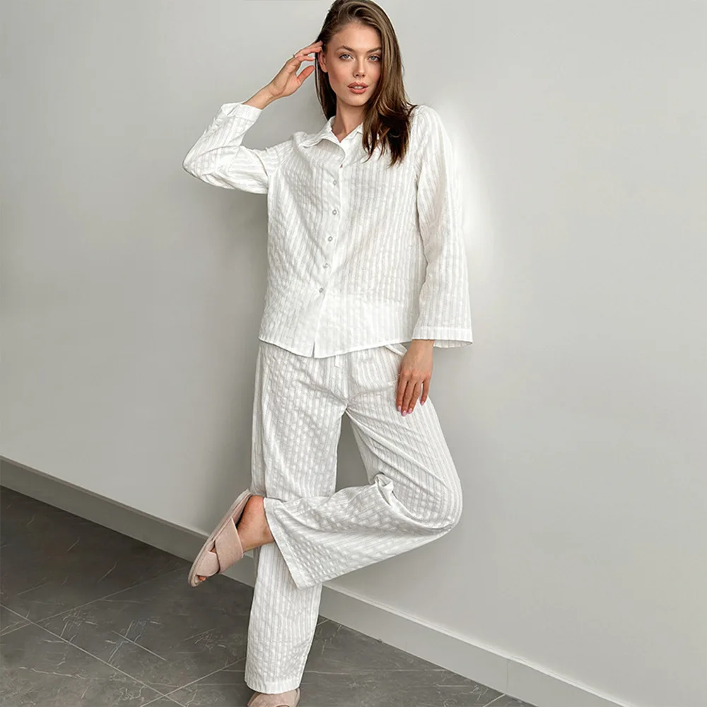 

Casual Women'S Nightgowns 2 Piece Pant Suit Turn-Down Collar Nightwear Long Sleeve Pajamas Pants Loose Ladies Home Clothes
