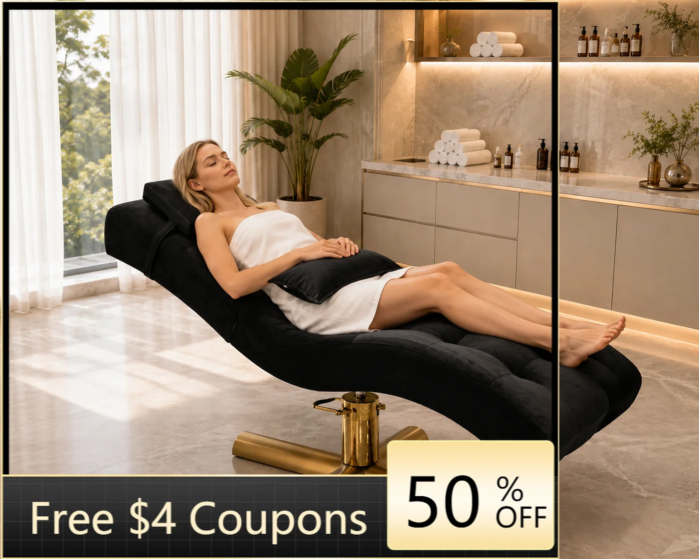 Modern Black Velvet Recliner Chaise Lounge, Gold Metal Base Ergonomic Massage Lounge Chair for Home Spa Salon