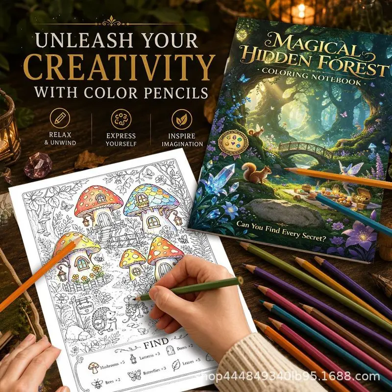 Magic Forest Themed Adult Stress Relief Coloring & Seek Book, B5 Hidden Object Search Coloring Book for Relaxation Art Creation