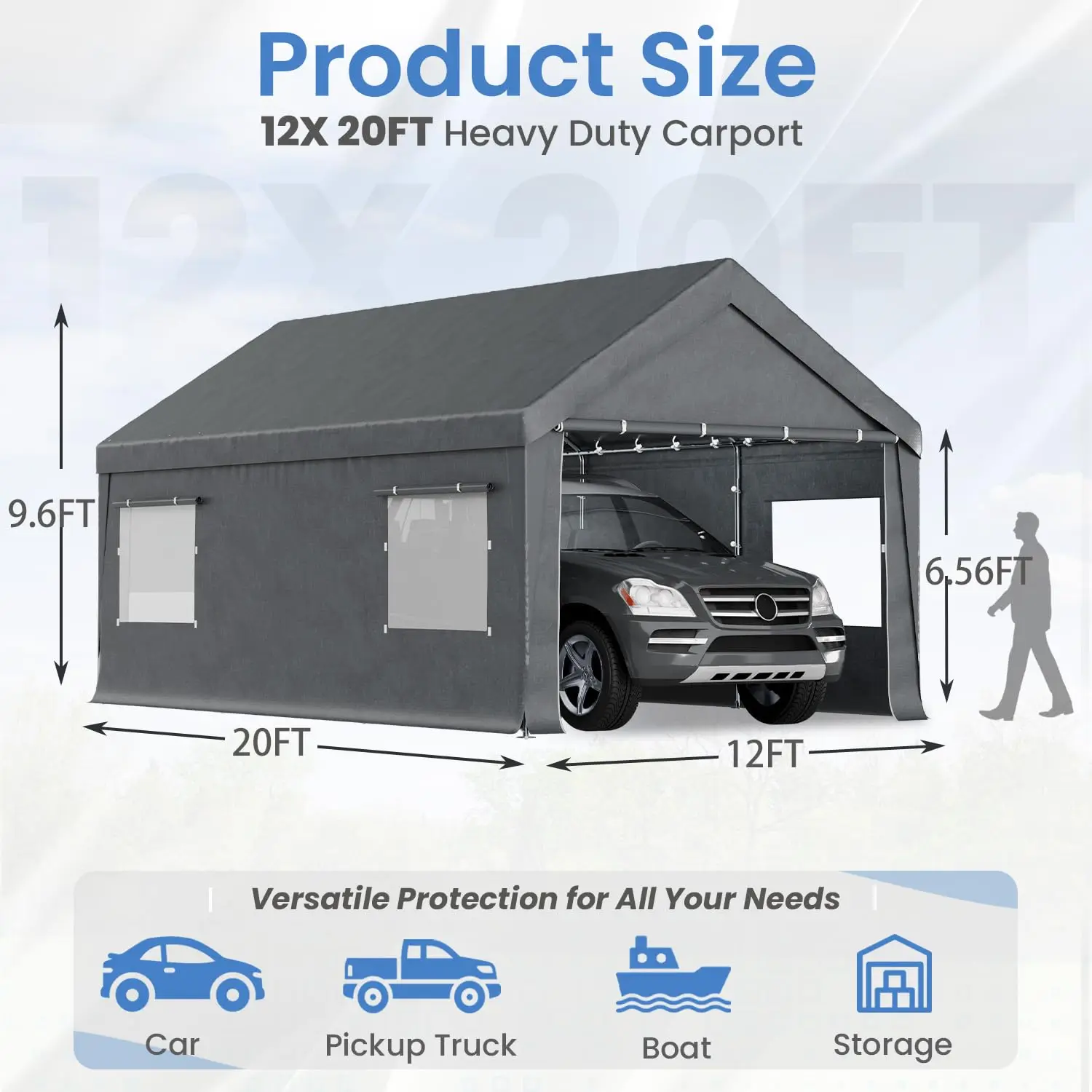 Car Port with All-Season Tarp for Cars, Portable Garage Tent with Roll-Up Windows & Doors, Trucks, Boats