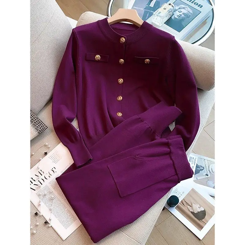 

Брючный костюм, вязаные леггинсы, костюм из двух предметов, женский модный свитер с завышенной талией в западном стиле, Модный женский костюм