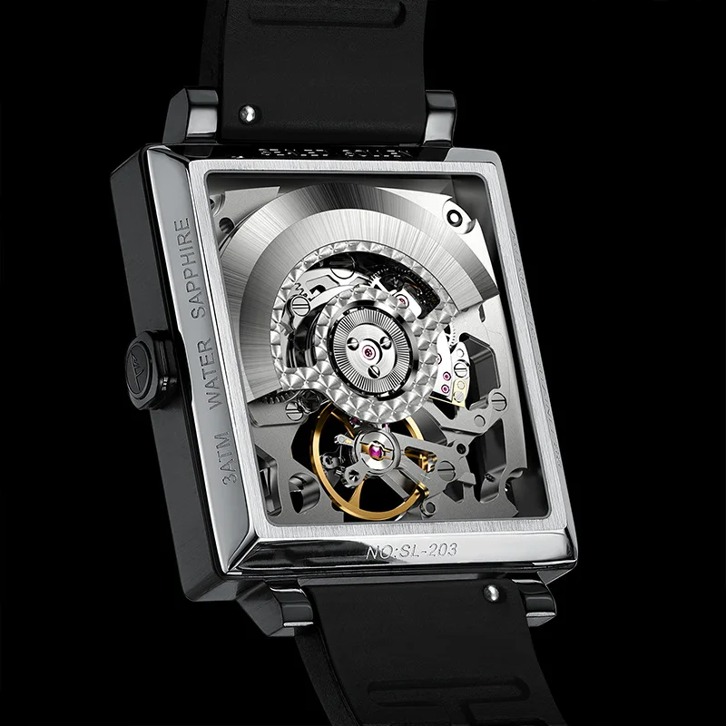 SOLLEN Merk Mode Skeleton Vierkante Wijzerplaat Mechanisch Horloge voor Mannen High-end Rubberen Band Waterdichte Automatische Horloges Mannelijke