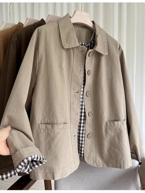 Artistic Vintage Casual Suit Jacket Loose Short Collared Women's plus Size Spring Autumn New Style Top Open Cardigan