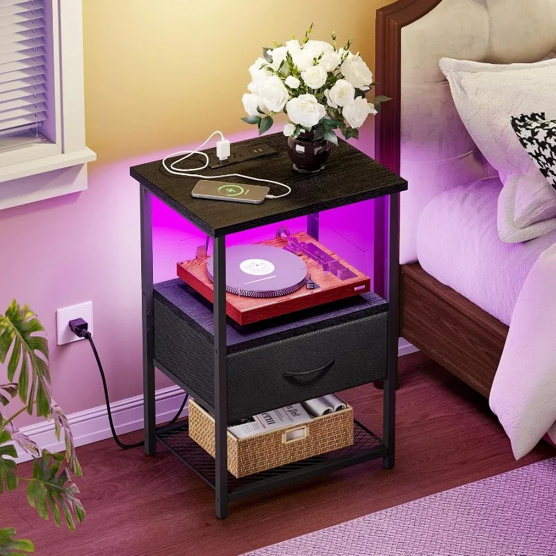 Night Stand with Charging Station, LED Nightstand with Fabric Drawers, End Table with PU Finish, Bedside Table, Black