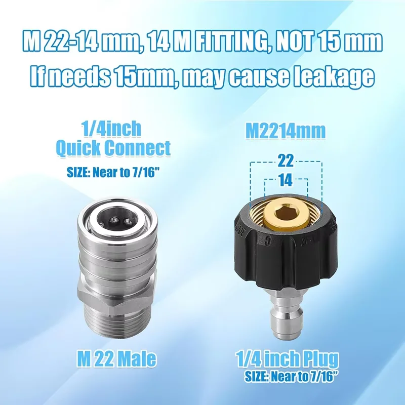 Pressure Washer Adapter Set M22 14mm/15mm to 1/4 Inch Quick Connect Fittings Stainless Steel for Power Washer Hoses Pump 5000PSI