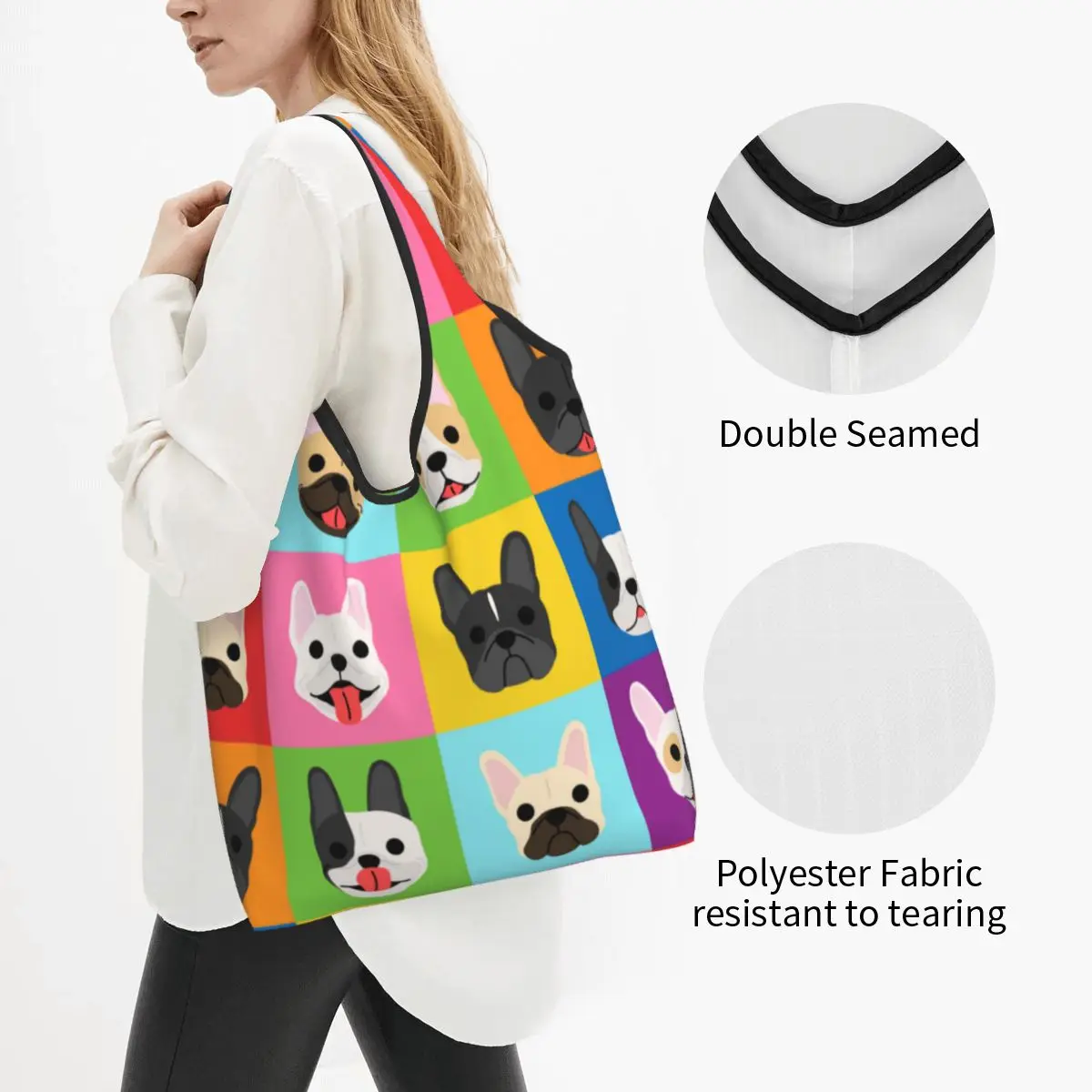 Recycling Pop Art Style French Bulldog Faces Shopping Bag Women Tote Bag Portable Frenchies Dog Pet Gift Groceries Shopper Bags