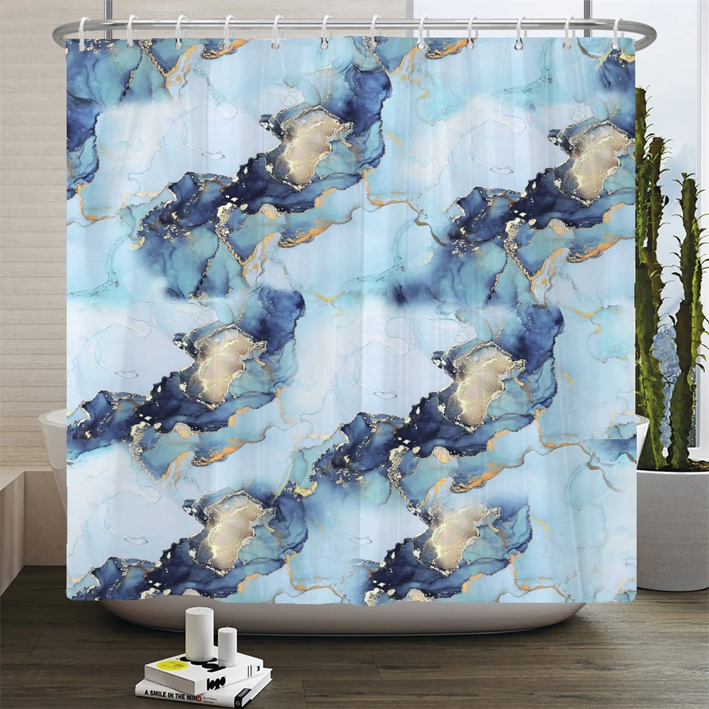 Colourful Marble Shower Curtains for Bathroom Fabric with Hooks Watercolor Abstract Ink Paint Washable Printing Decor Curtains