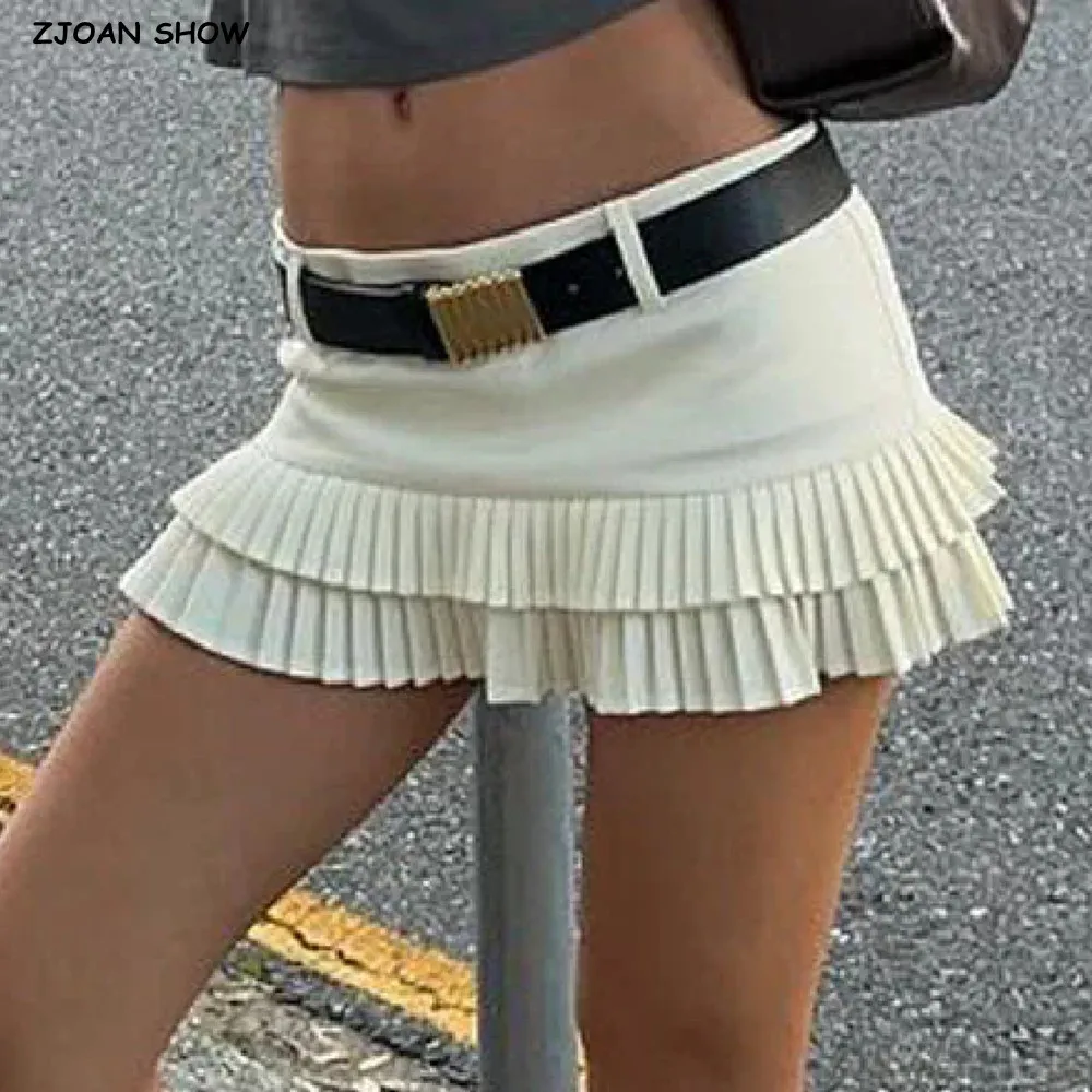 3 colors 2024 Y2K Solid White Package Hips Spliced Pleated Mini Skirt Sexy Low Waist Short Skater Skirts With Shorts Lining