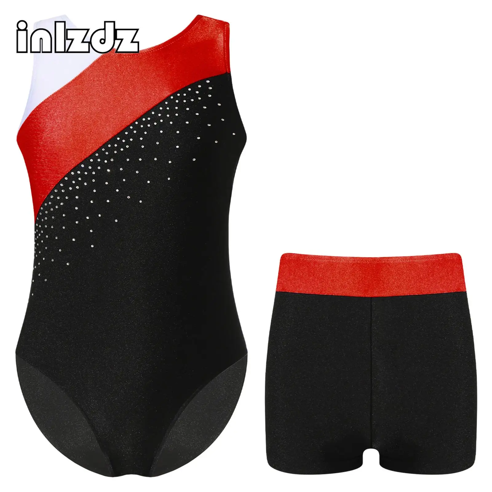 

Kids Girls Gymnastic Dance Set Sleeveless Round Neckline Shiny Rhinestone Decorated Contrast Color Dance Leotards with Shorts